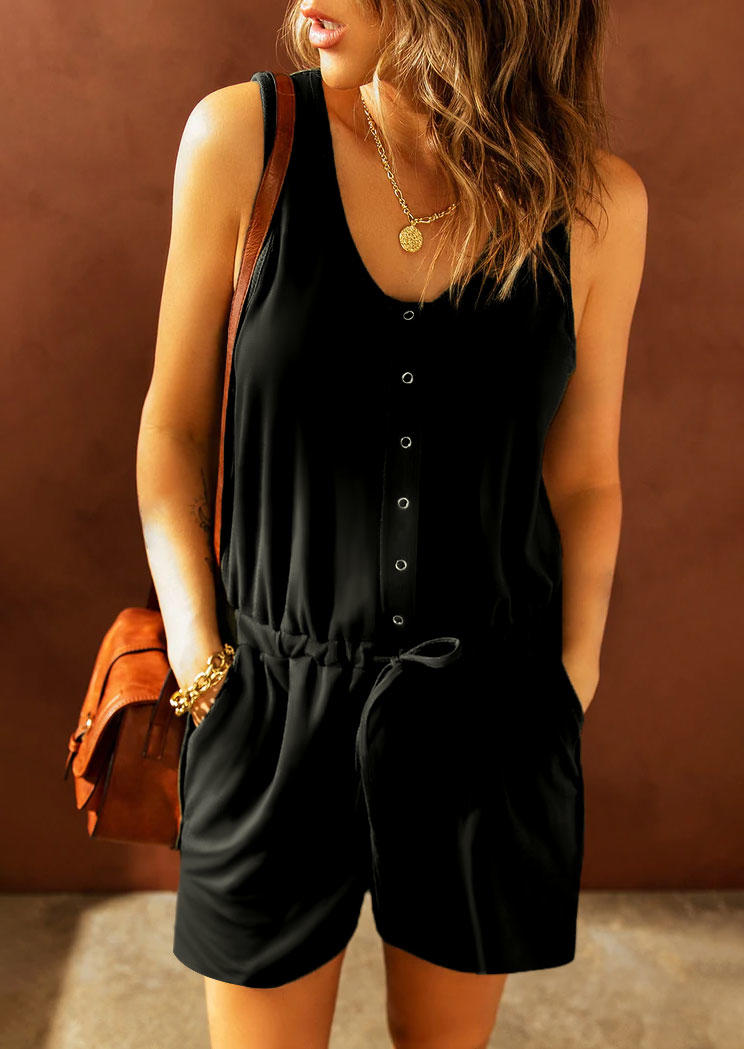 

Snap Button Pocket Drawstring Sleeveless Romper - Black, 533901