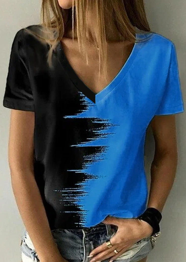 

Color Block V-Neck Blouse - Blue, 533904