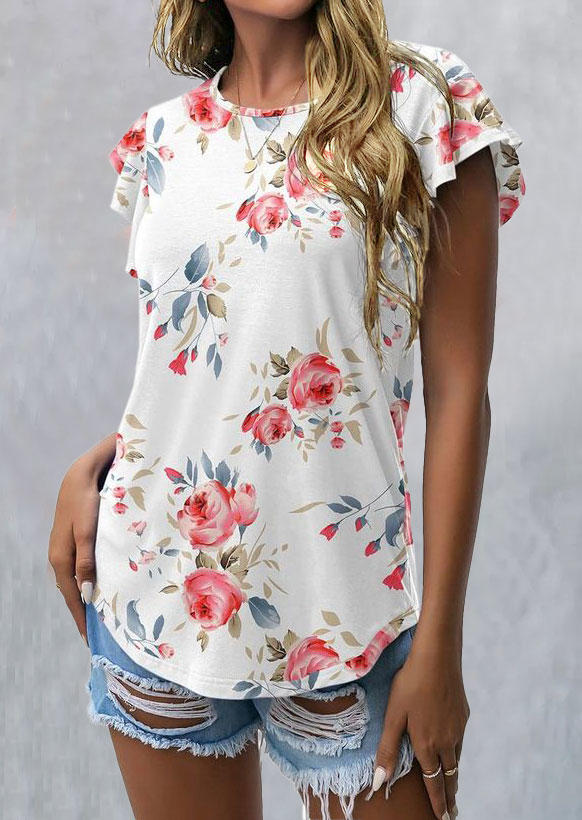 Floral Ruffled O-Neck Blouse - White