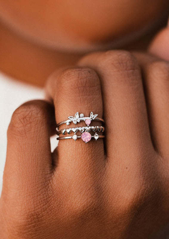 

3Pcs Butterfly Heart Rhinestone Ring Set, Silver, 533979