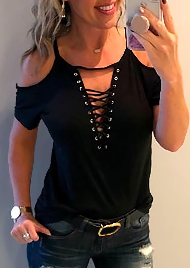 

Criss-Cross Cold Shoulder Blouse - Black, SCM001098