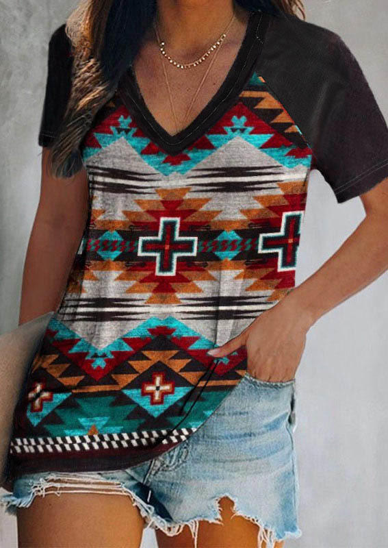 

Aztec Geometric Cross V-Neck Blouse, Multicolor, SCM001116