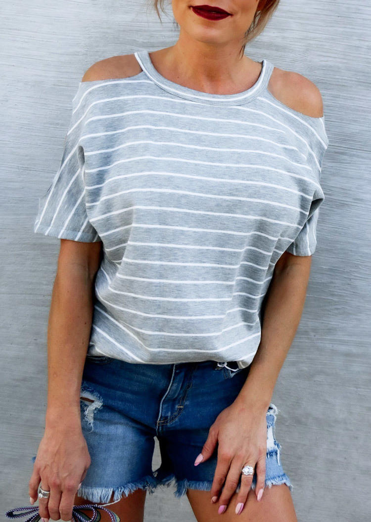 

Striped Cold Shoulder Casual Blouse - Gray, SCM001230