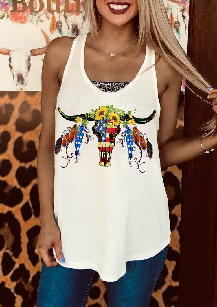 

American Flag Steer Skull Sunflower Feather Tank - White, SCM001270