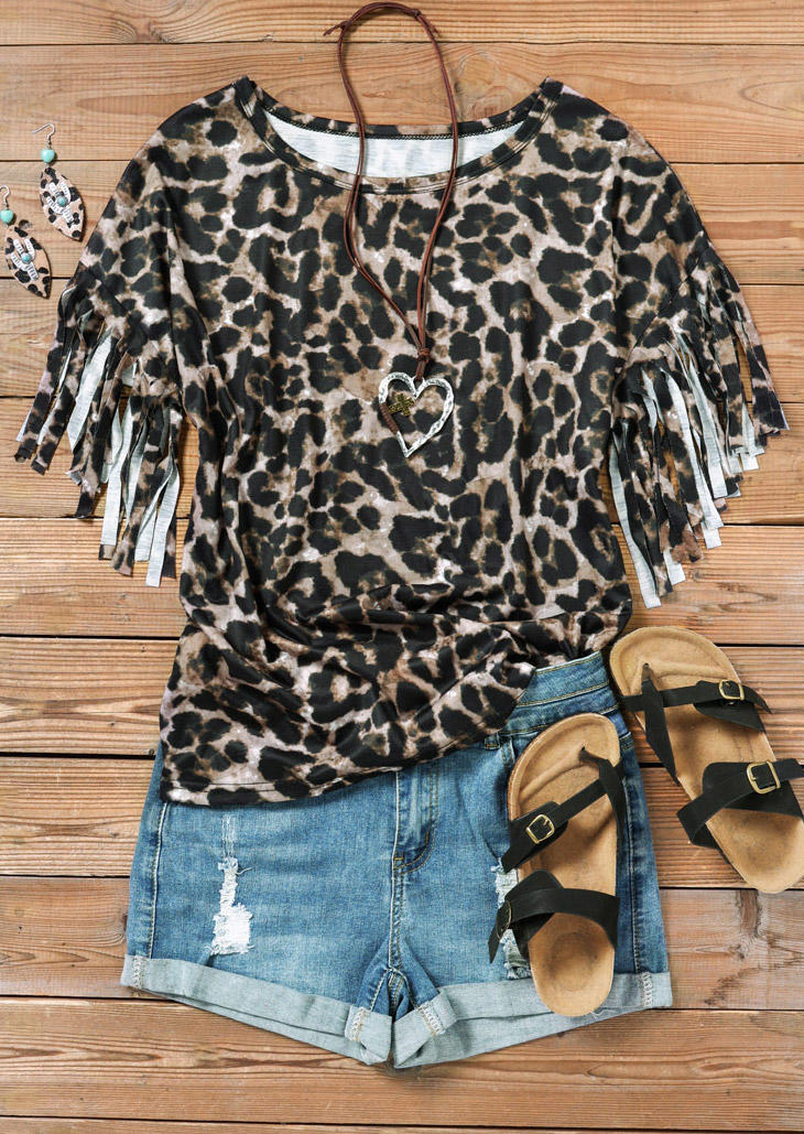 Leopard Tassel Short Sleeve Blouse