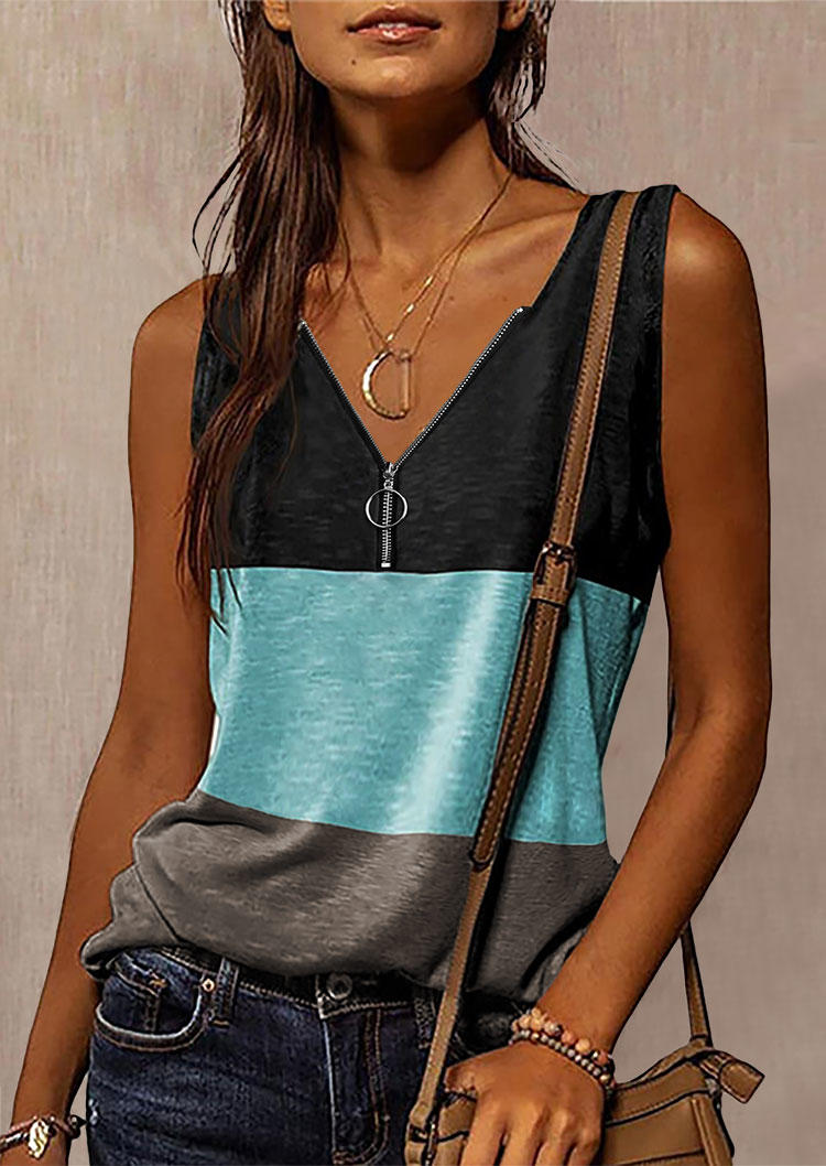 

Color Block Zipper Collar Tank, Multicolor, 533930