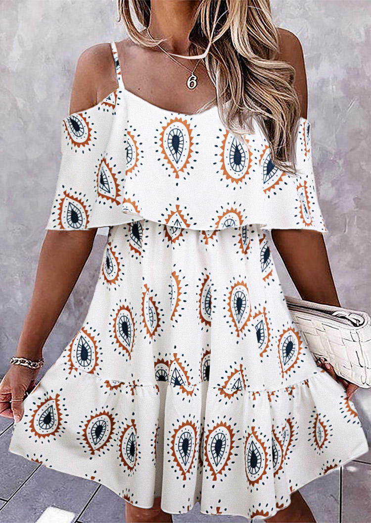 

Bohemian Paisley Cold Shoulder Layered Mini Dress - White, 533947
