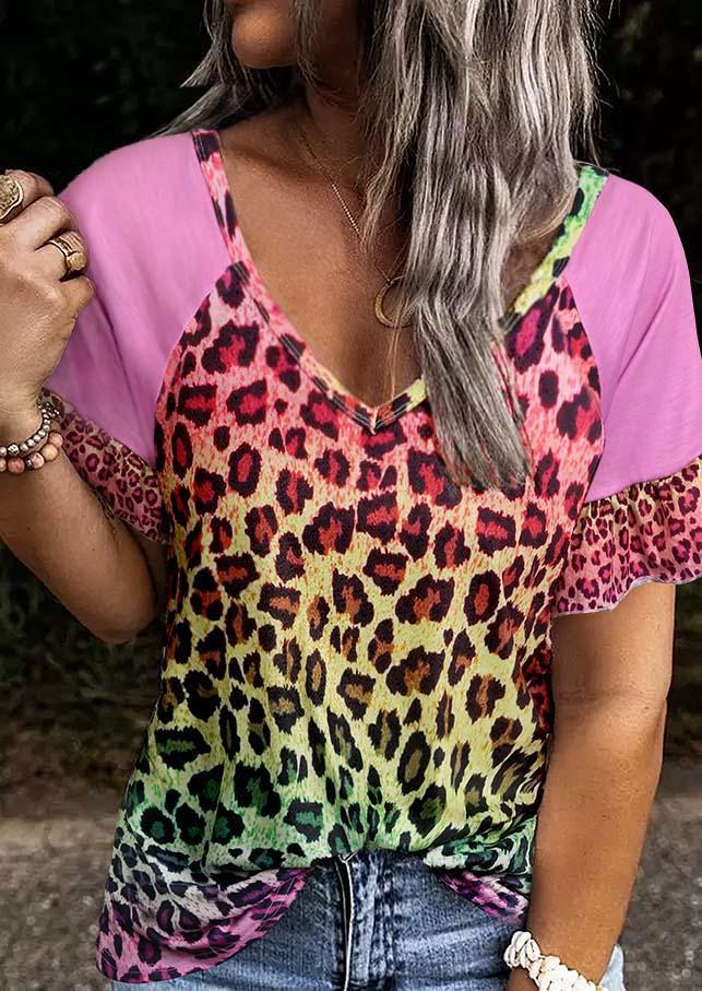 

Gradient Leopard V-Neck Blouse - Rose Red, 533954