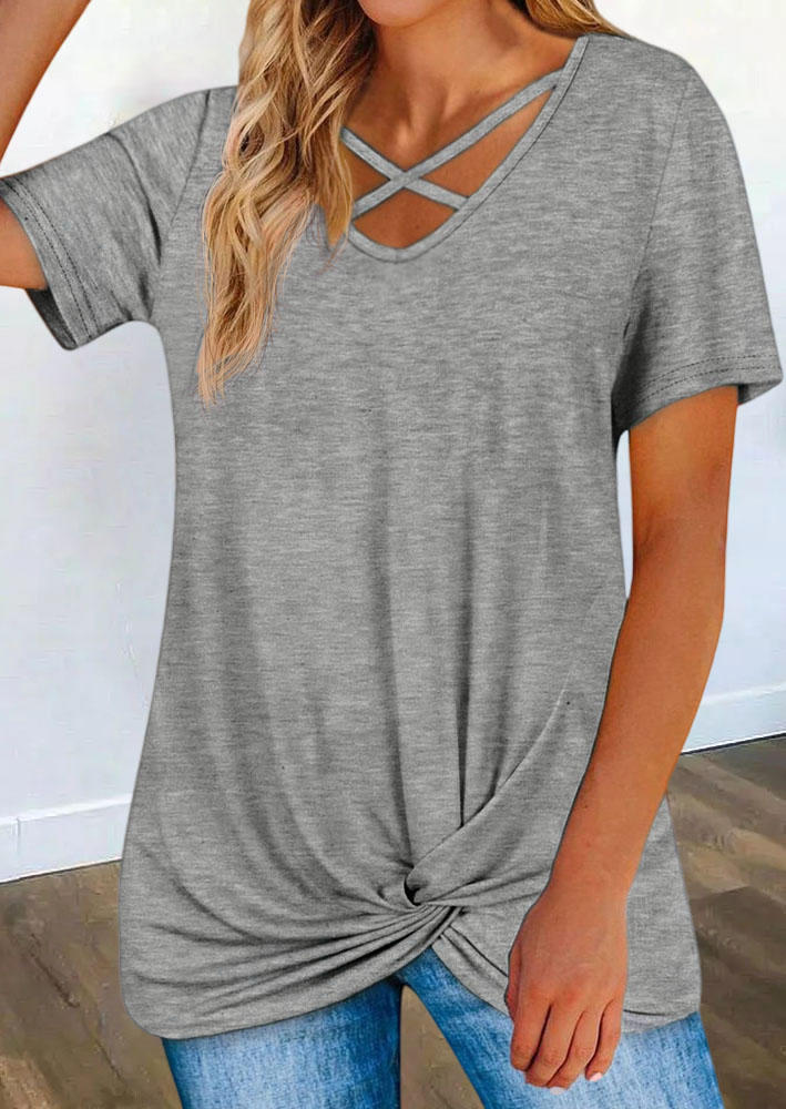 

Criss-Cross Twist Hollow Out Blouse - Gray, 534074