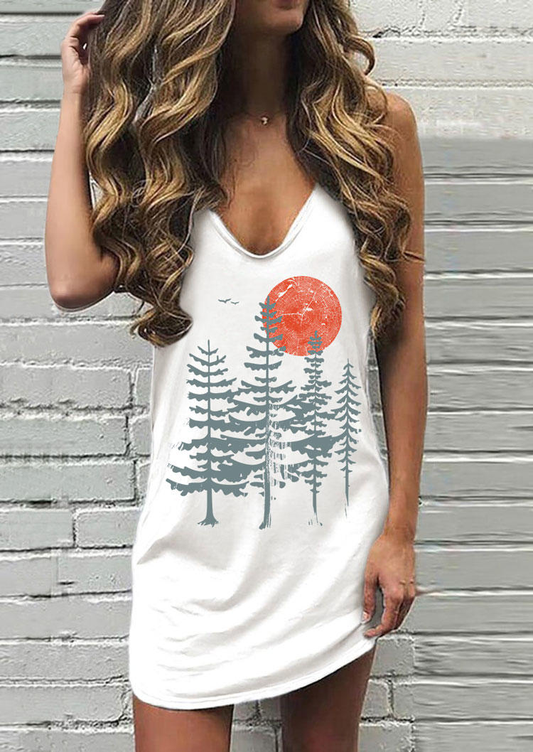 

Evergreen Trees And Sun Screenprint Sleeveless Mini Dress - White, 534083