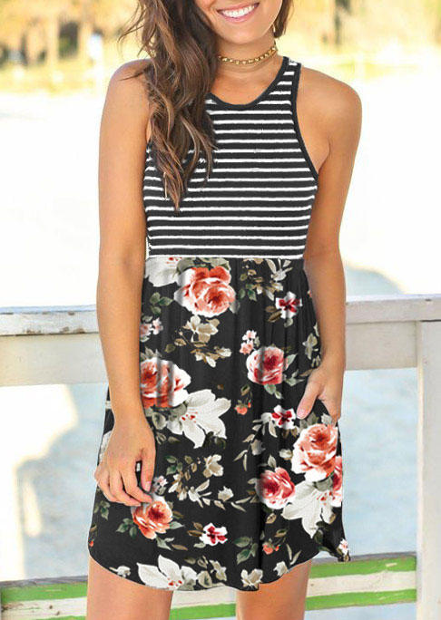Striped Floral O-Neck Mini Dress - Black, 534086