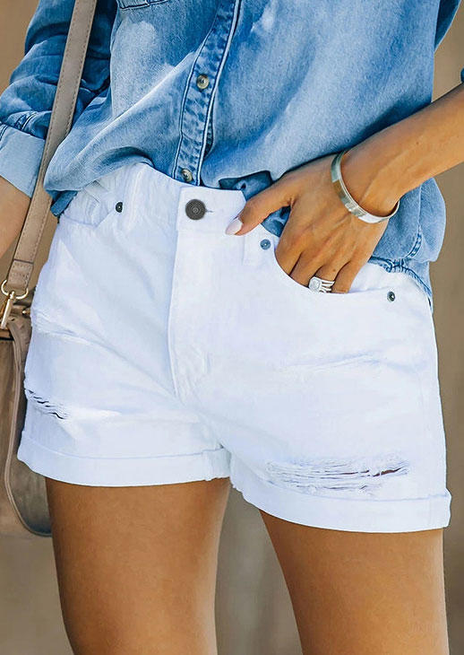 

Ripped Hole Pocket Button Denim Shorts - White, 534096