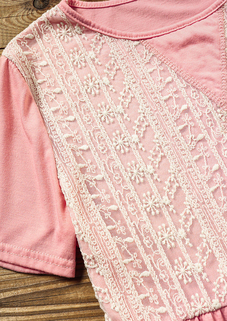 Lace Short Sleeve O-Neck Blouse - Pink