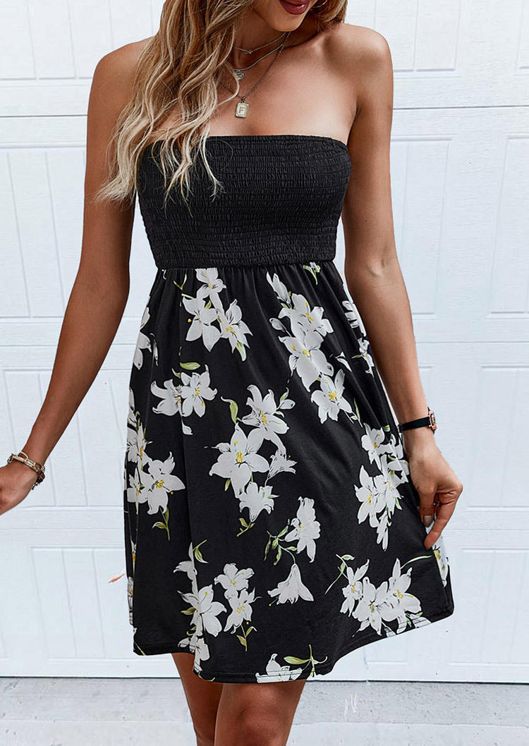 

Floral Smocked Strapless Bandeau Mini Dress - Black, SCM001298