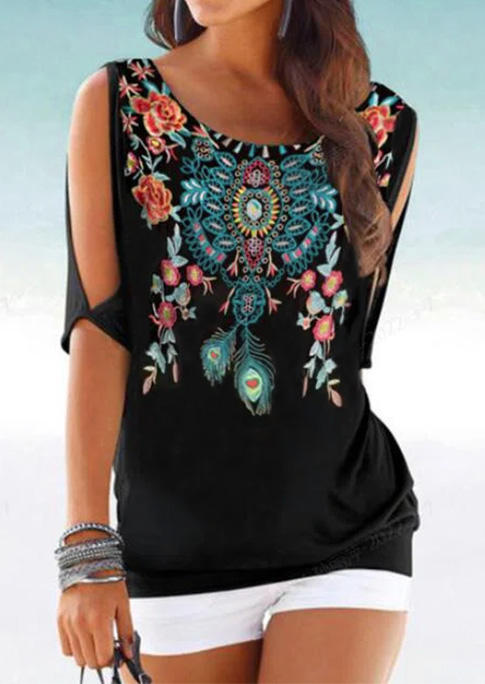 

Floral Cold Shoulder Casual Blouse - Black, 532929