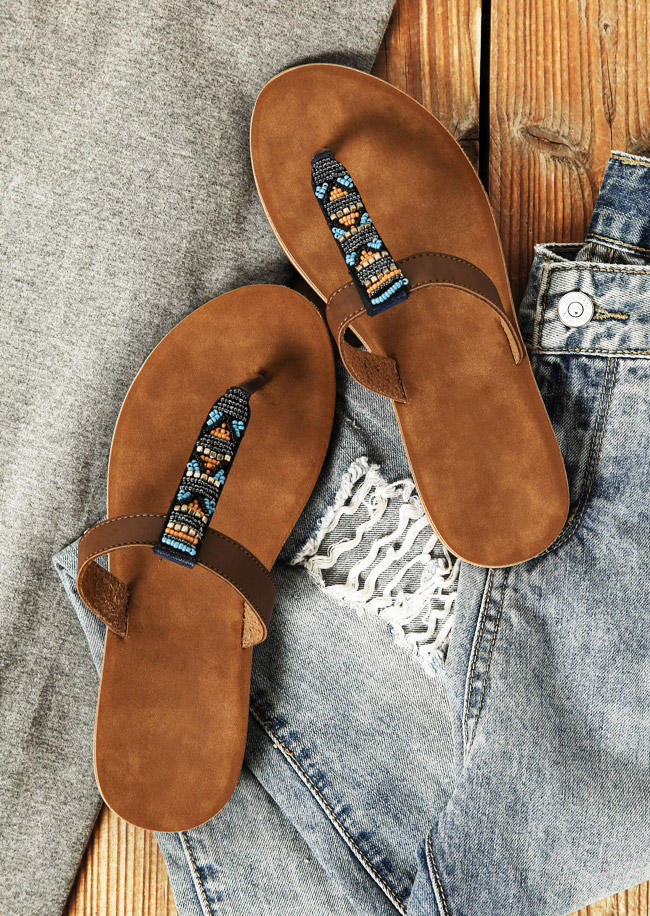 

Aztec Geometric Beading Flat Flip Flops Slippers - Brown, 533766