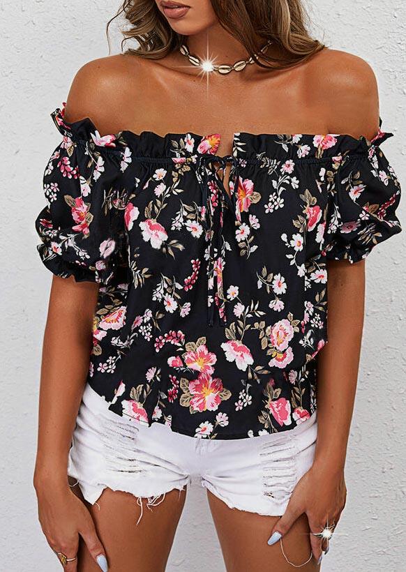 

Floral Ruffled Off Shoulder Blouse - Black, 533813