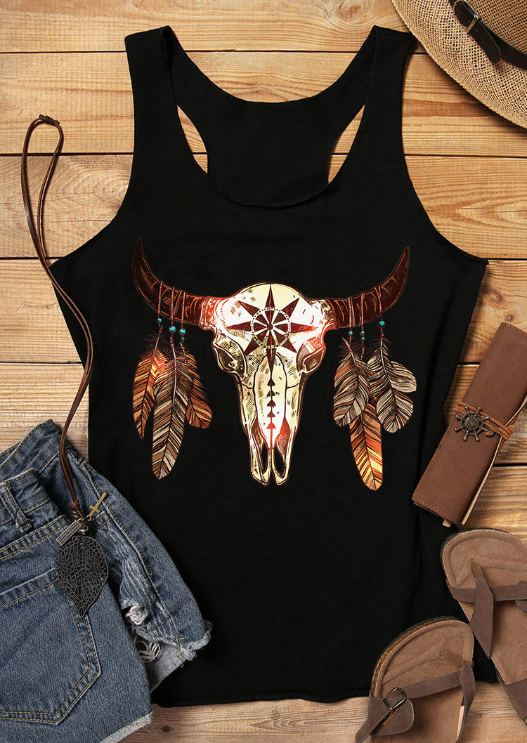 

Steer Skull Feather Racerback Tank - Black, 533838