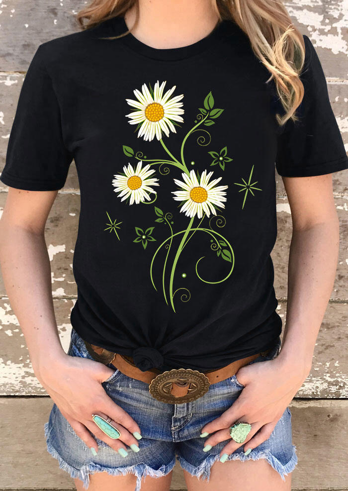 

Daisy Short Sleeve O-Neck T-Shirt Tee - Black, 533857