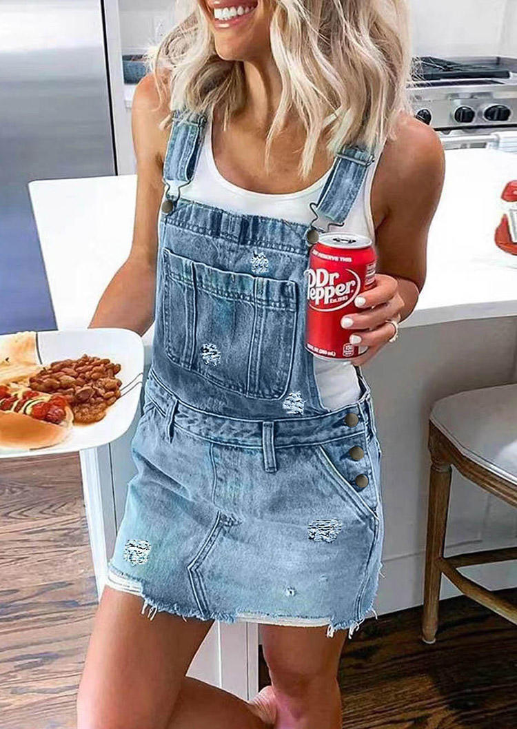 

Ripped Hole Pocket Denim Overall Mini Dress - Blue, 533891