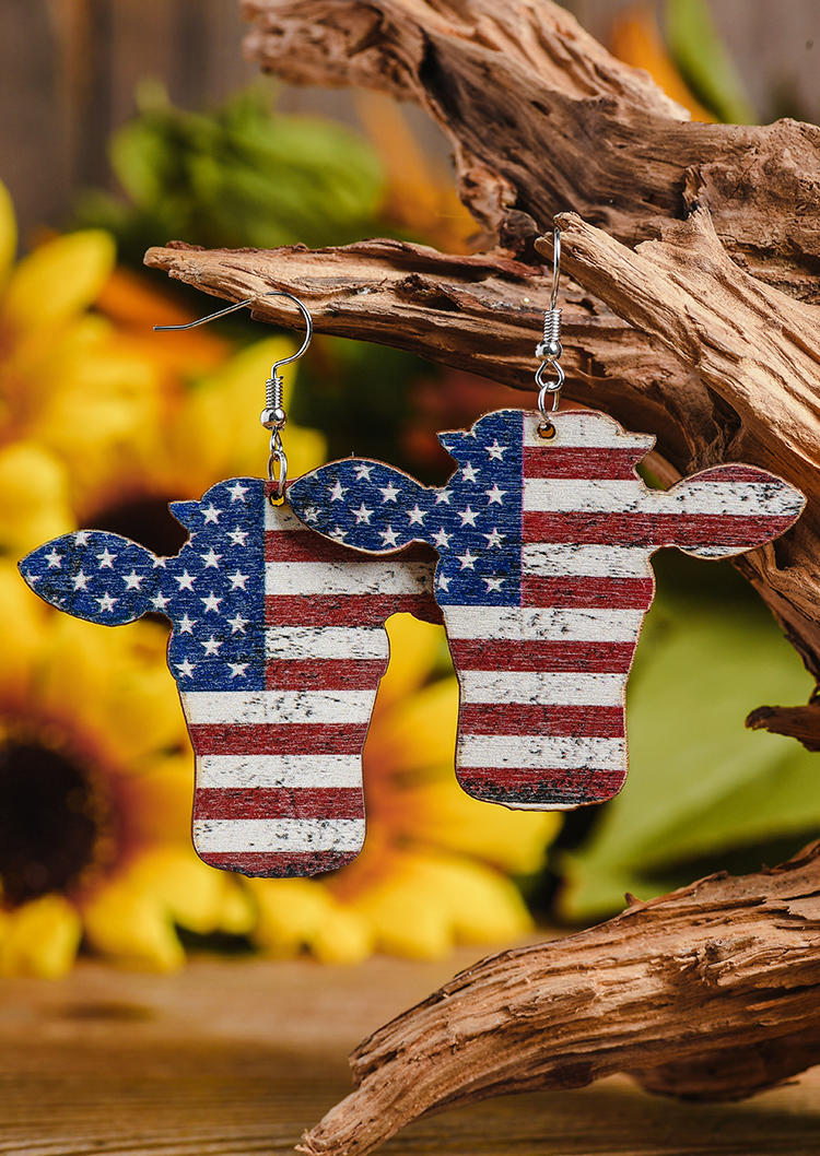 

American Flag Steer Wooden Earrings, Multicolor, 533997