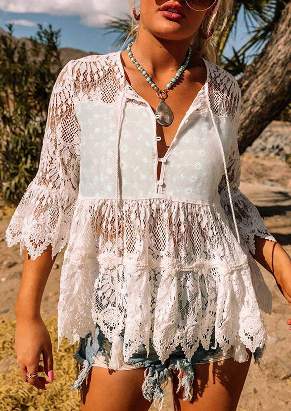 

Floral Lace Tassel Drawstring Flare Sleeve Blouse - White, 534025