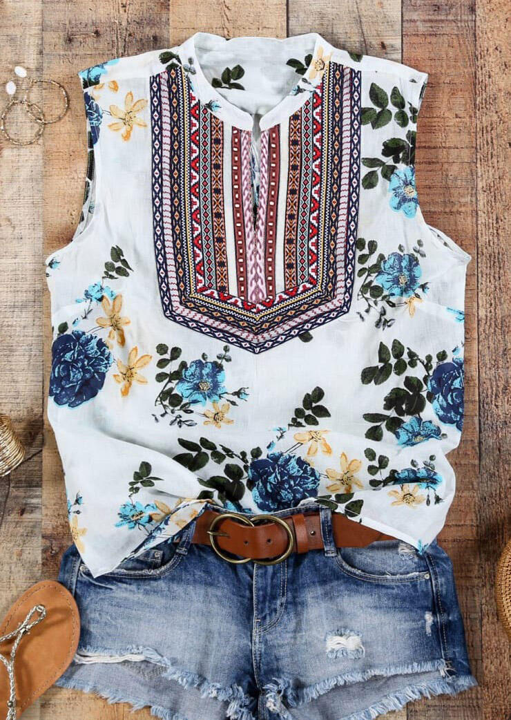 

Floral Notched Neck Tank - White, 534163