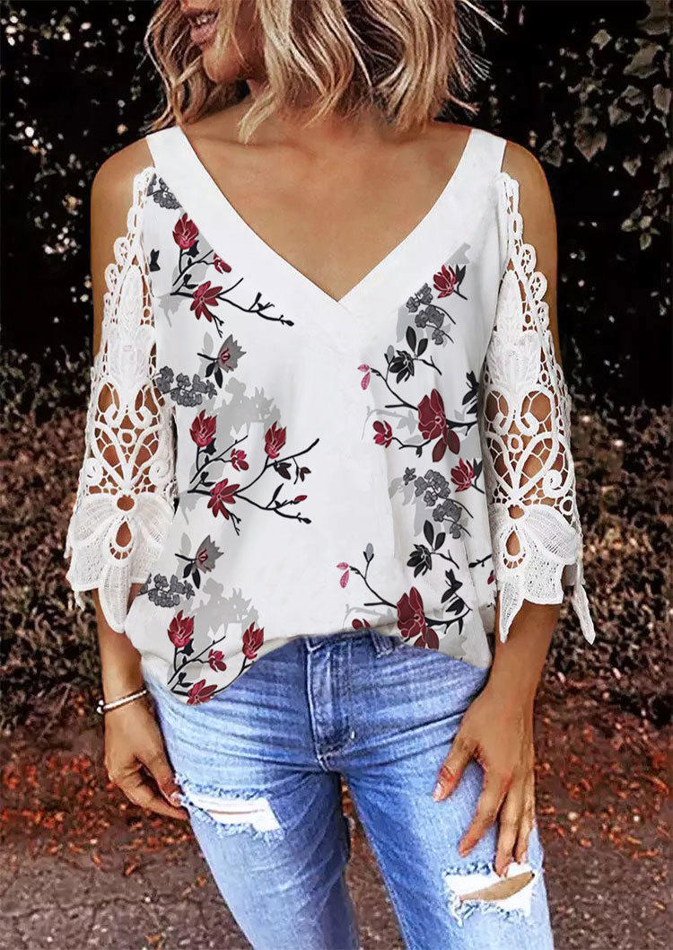 

Lace Splicing Floral Cold Shoulder Blouse - White, SCM001266