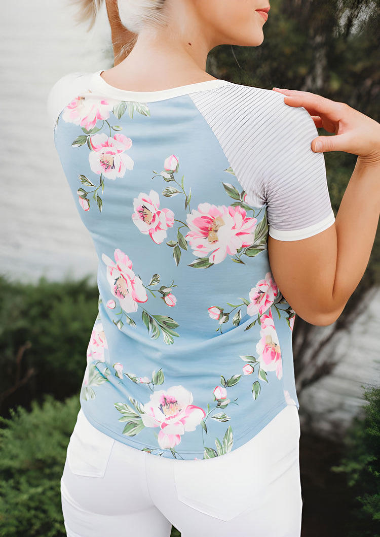 Floral Striped Short Sleeve Blouse - Sky Blue
