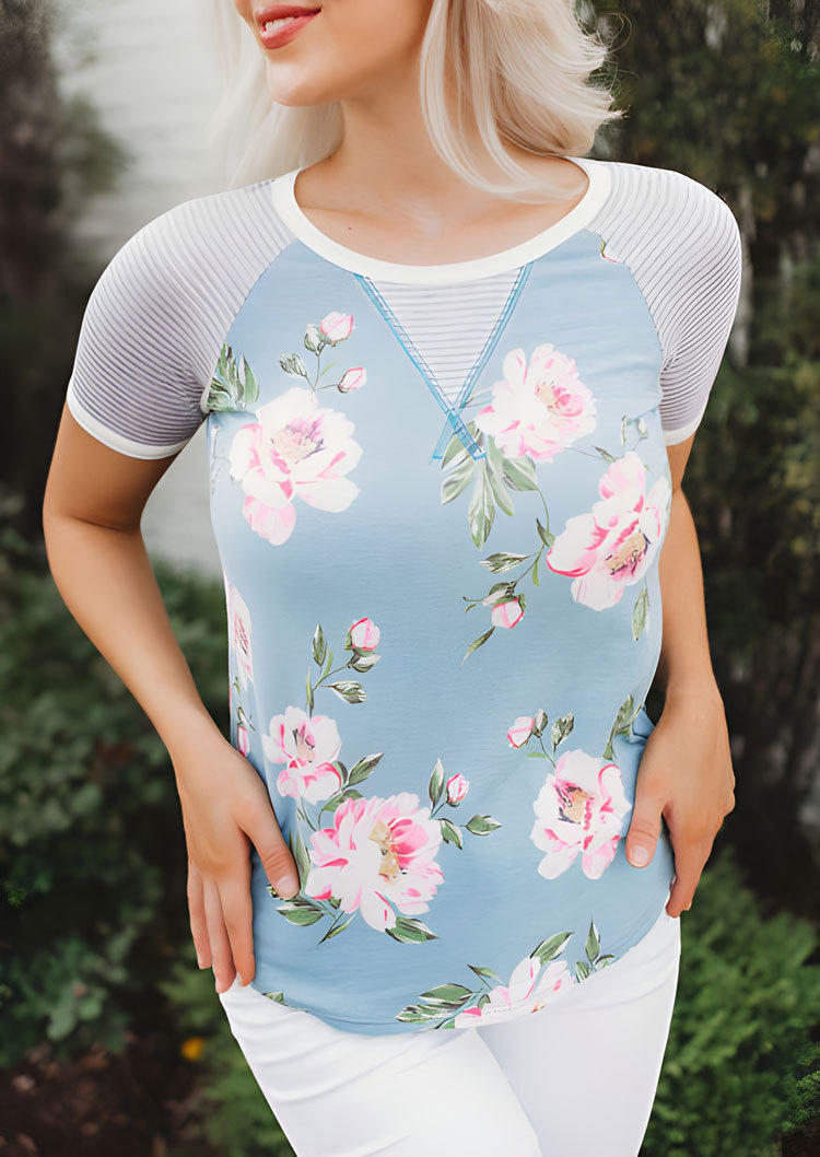

Floral Striped Short Sleeve Blouse - Sky Blue, SCM001286