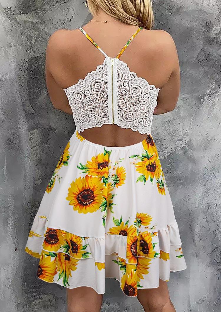 Sunflower Lace Hollow Out Ruffled Zipper Mini Dress