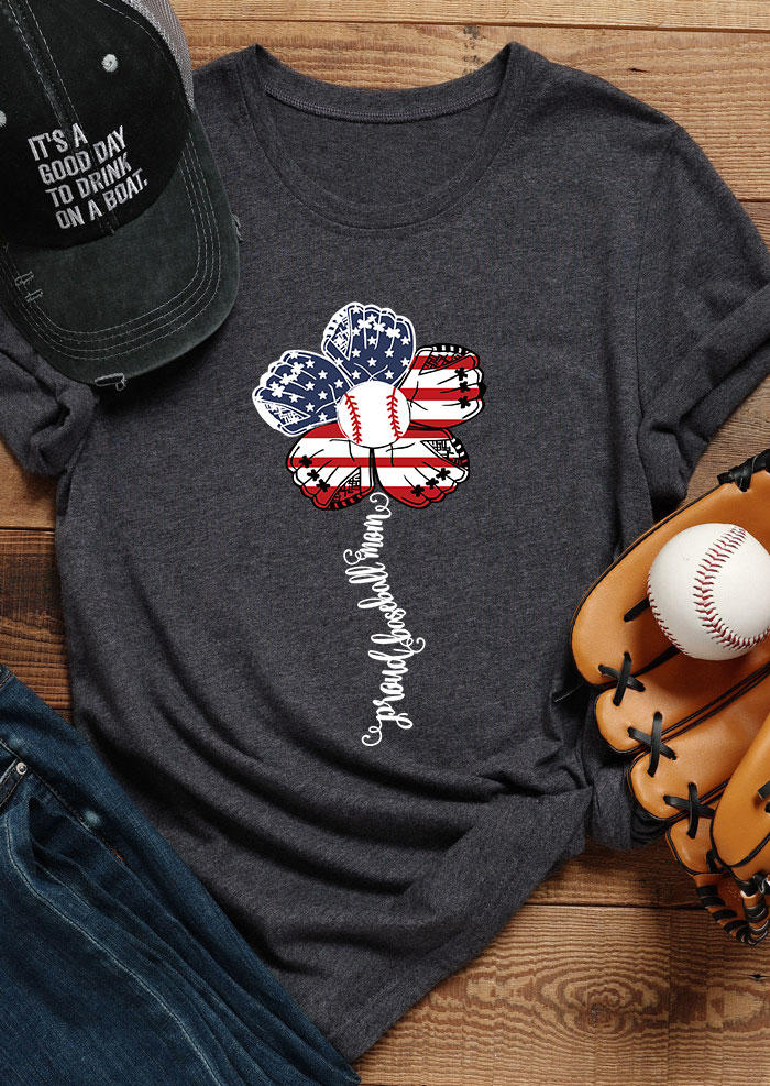 

Baseball American Flag Floral T-Shirt Tee - Dark Grey, Gray, 533825