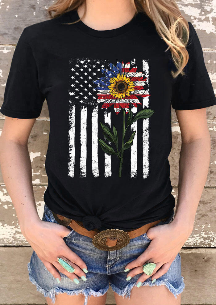 

American Flag Sunflower O-Neck T-Shirt Tee - Black, 533859