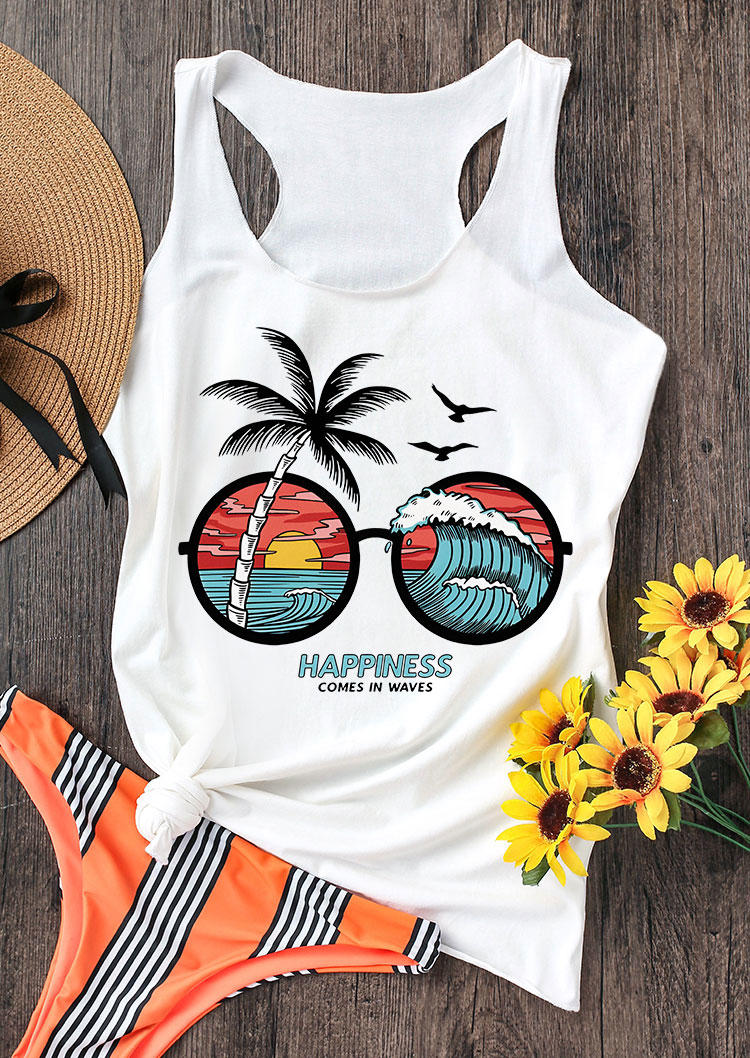 

Happiness Comes In Waves Coconut Tree Glasses Racerback Tank - White, 533920