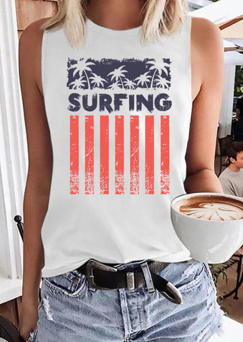 American Flag Surfing Coconut Tree O-Neck Tank - White
