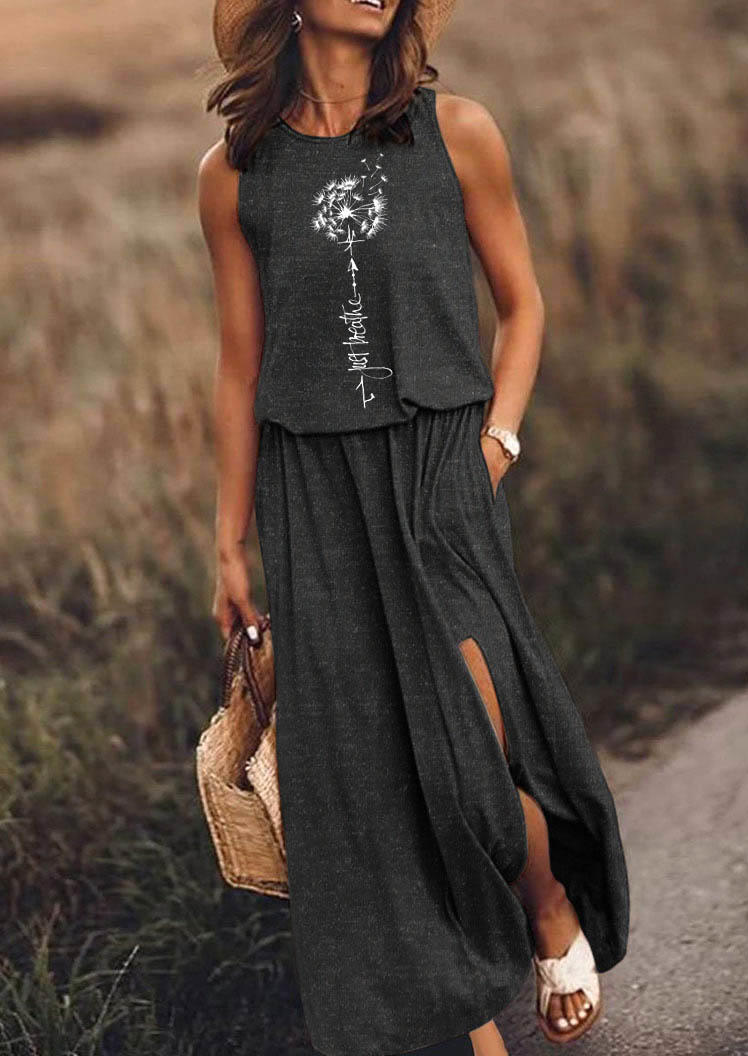 

Just Breathe Dandelion Slit Pocket Maxi Dress - Dark Grey, Gray, 533993