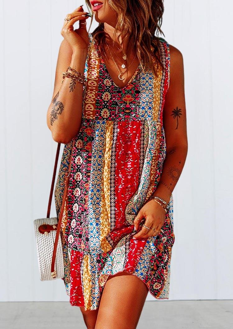 

Ruffled Sleeveless V-Neck Bohemian Mini Dress, Multicolor, 534072