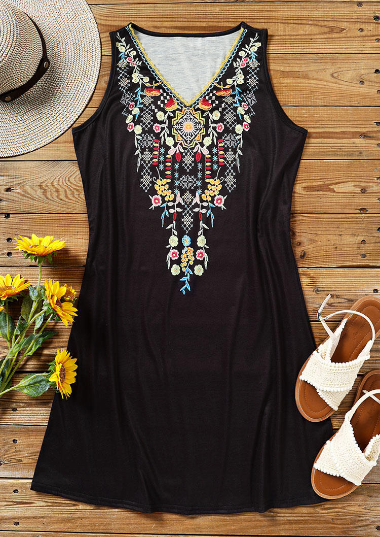 Bohemian Floral Sleeveless Mini Dress - Black