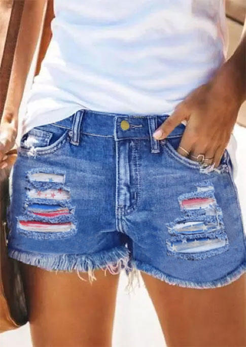 

American Flag Ripped Hole Frayed Hem Denim Shorts - Blue, 534087