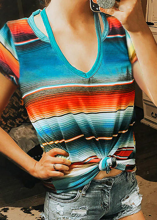 

Colorful Striped Hollow Out Blouse, Multicolor, SCM000465