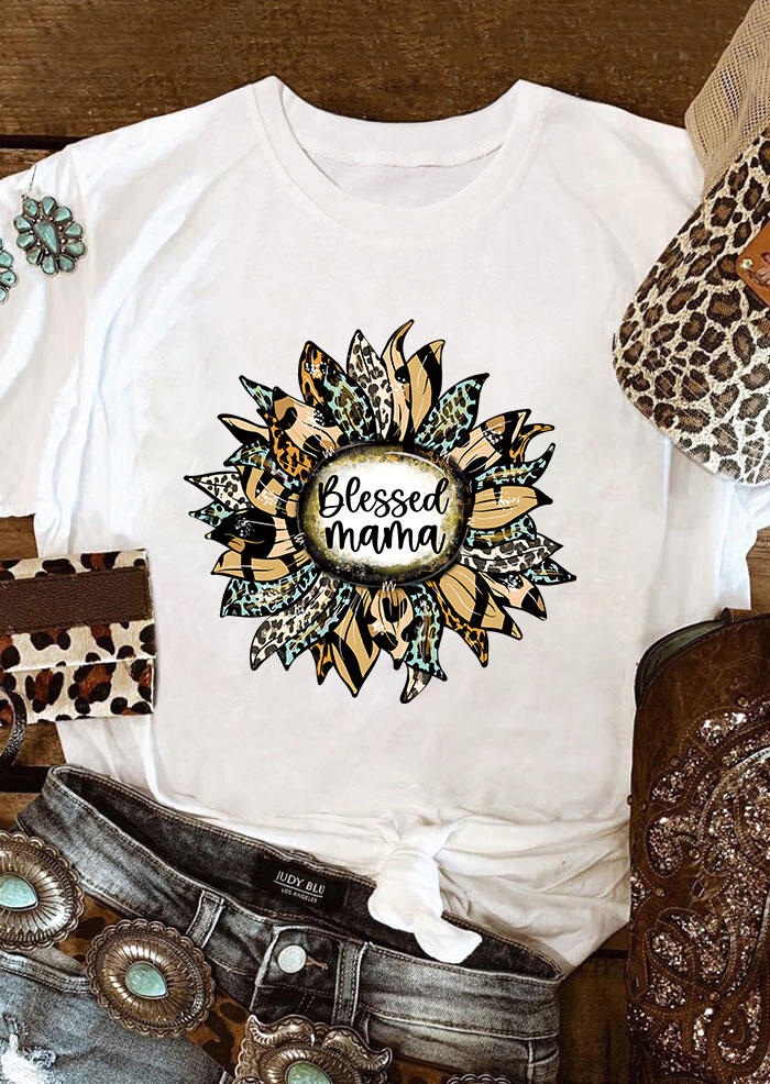 

Blessed Mama Leopard Sunflower T-Shirt Tee - White, 533918