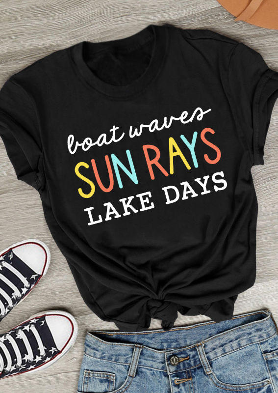 

Boat Waves Sun Rays Lake Days T-Shirt Tee - Black, 534003