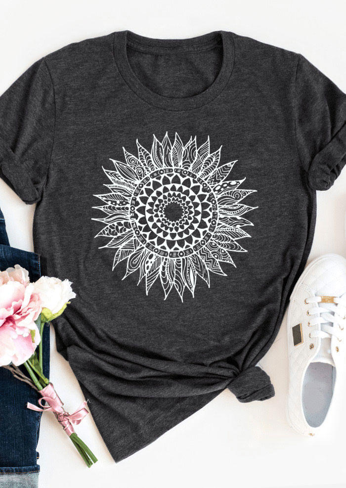 

Mandala Sunflower O-Neck T-Shirt Tee - Dark Grey, 534008