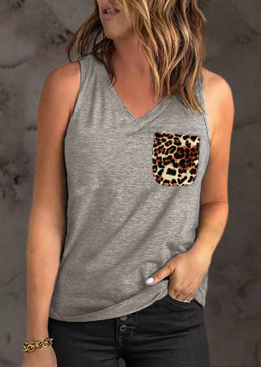 

Leopard Pocket V-Neck Tank - Gray, 534057