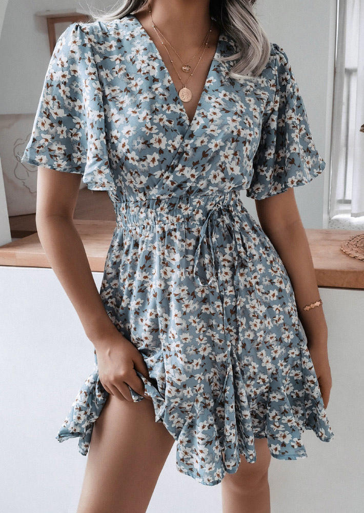 Floral Ruffled Tie V-Neck Mini Dress - Light Blue