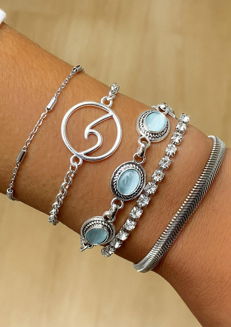 

5Pcs Opal Rhinestone Wave Bracelet Set, Silver, 534285