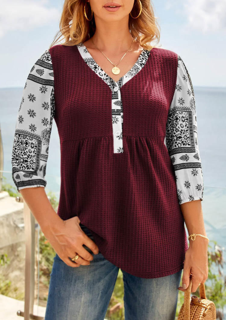 

Floral Button Ethnic V-Neck Blouse - Burgundy, 534339