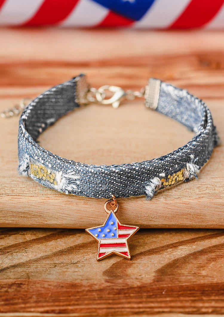 

American Flag Star Sequined Denim Bracelet, Gold, SCM001004