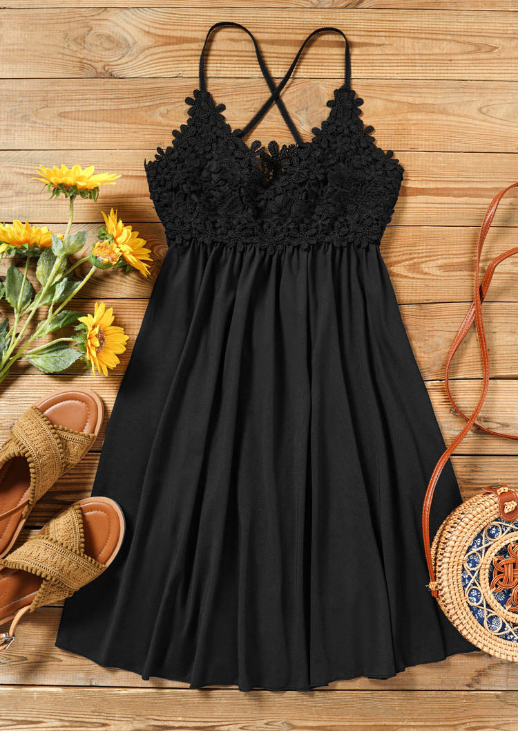 Lace Criss-Cross Spaghetti Strap Mini Dress - Black