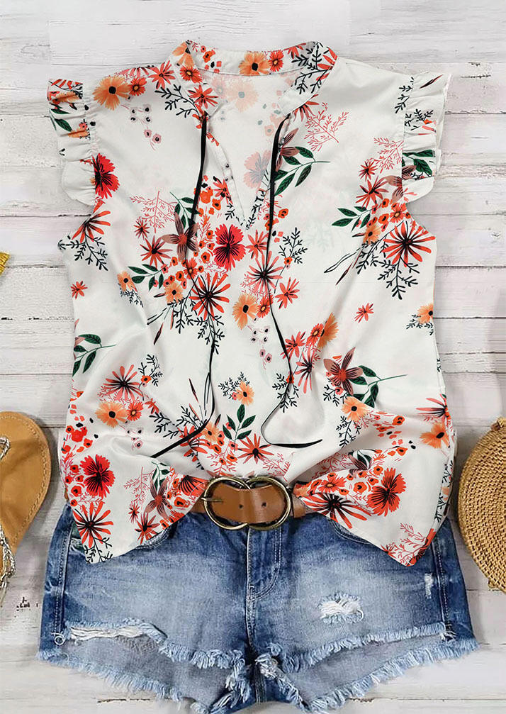 

Floral Ruffled Notched Neck Tank - White, SCM001269
